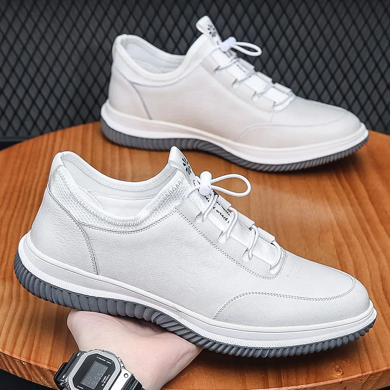 

Trend High Top Leather Shoes for Men Spring 2026 Soft Invisible Men Shoes Elastic Band Slip on Casual Shoes