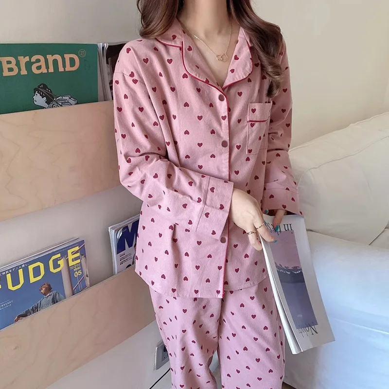 Frühling Herbst Mädchen 2-teiliges Set Locker Sitzende Indoor-Loungewear Damen Rosa Herz Einfarbiger Pyjama Frauen Outdoor-Kragen Modische Schlafbekleidung