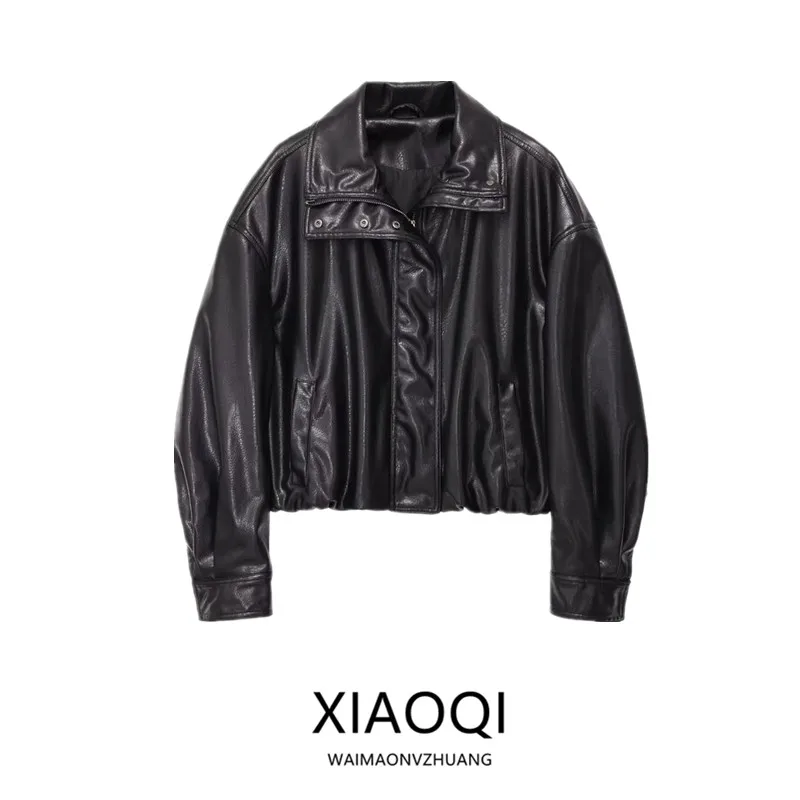 Spring 2026 Women's Fashion High Collar Long Sleeve Faux Leather Jacket Versatile Outerwear Commute Style Zipper Closure