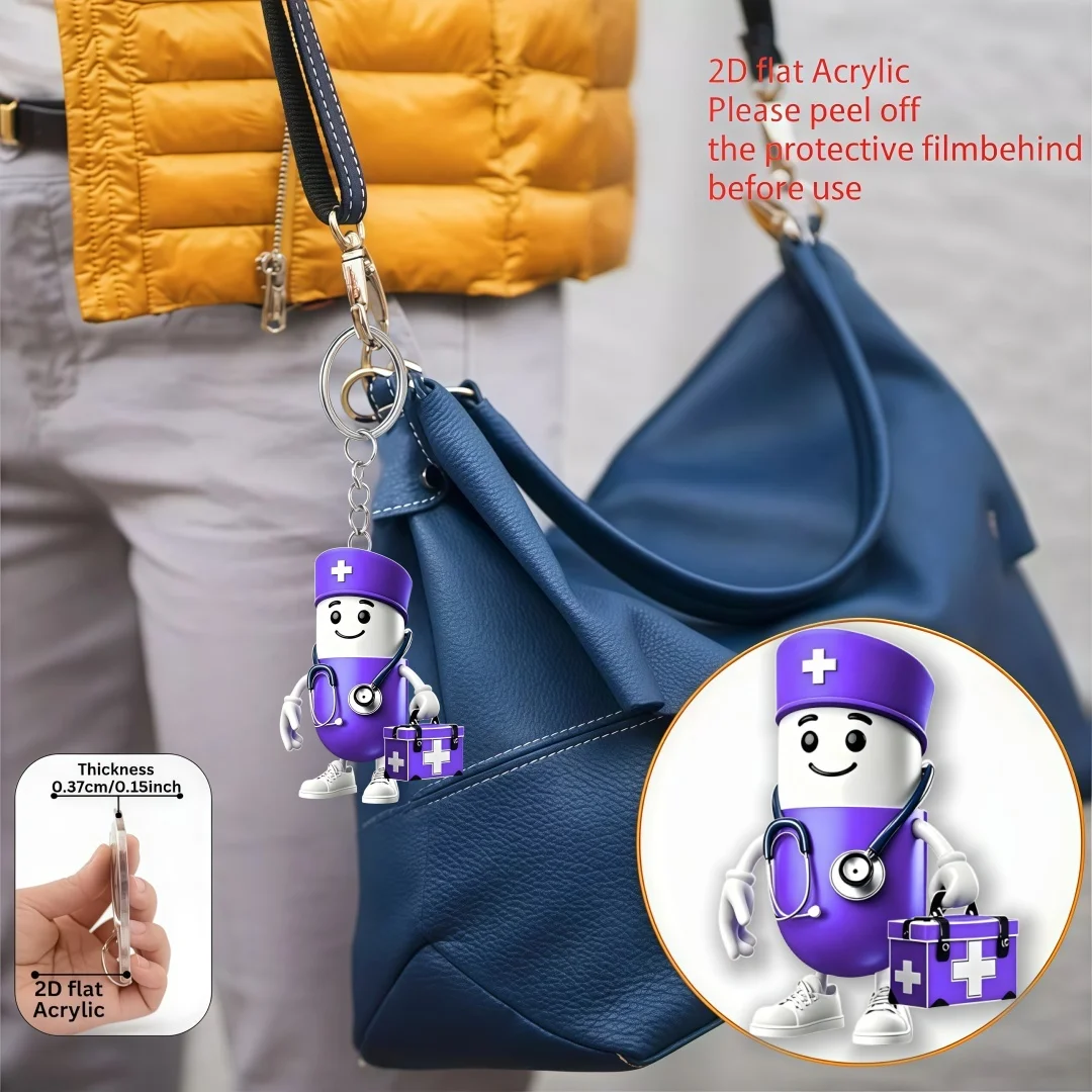 Cute Medical Pills Doctor Keychain,2D Flat Acrylic Pendant,Cartoon Theme Ornament,Bag Charm,Home Trinket,Gift,Festive Decoration