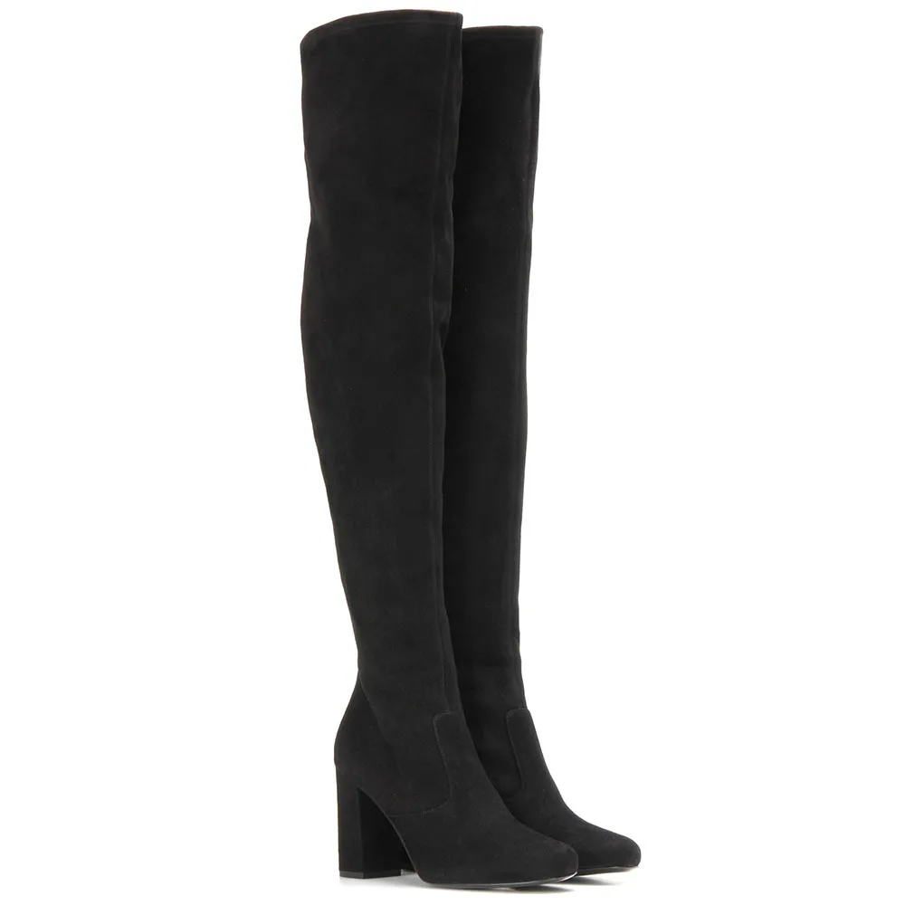 كعب سميك أسود من جلد الغزال أحذية مرنة التخسيس فوق الركبة بوتينز سحب على حجم كبير طويل النساء بوتاس Femininas Chaussure #2