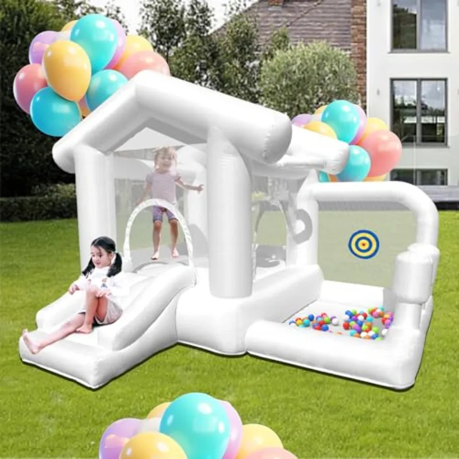 

Inflatable White Bounce House with Ball Pit Indoor Outdoor White Bounce Castle with Blower for 3-8 Ages