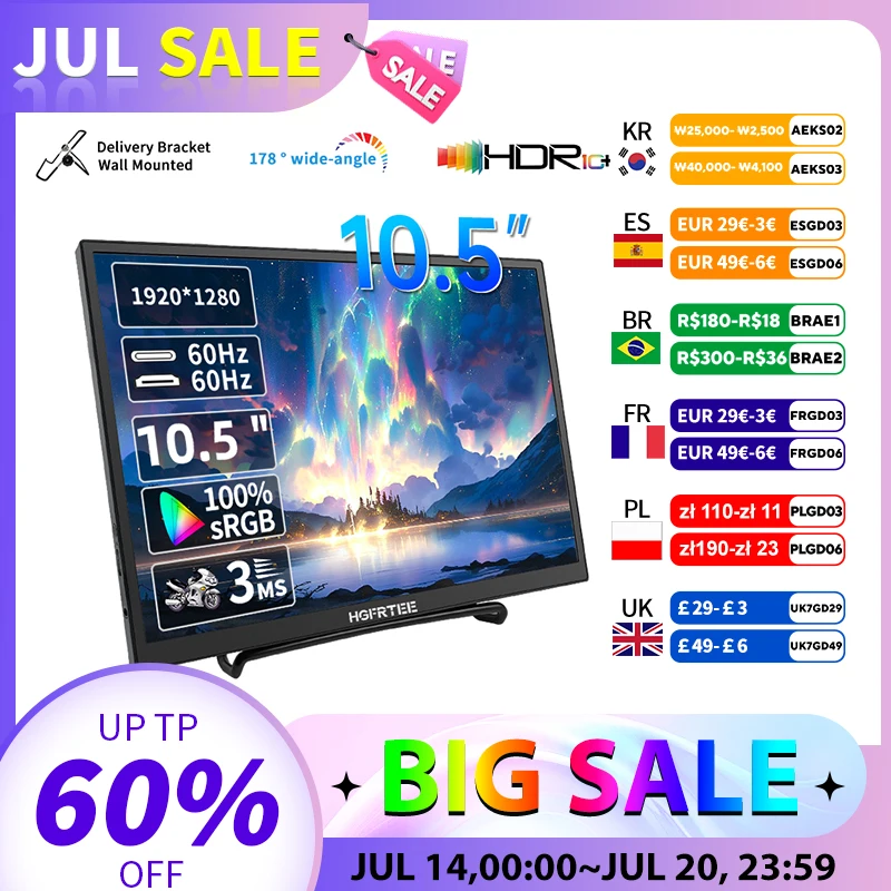 

HGFRTEE 10.5 Inch Portable Monitor 1280P 100%sRGB Low Blue Light Extension Display For XBox PS4 / 5 Switch Cell Phone PC Loptop