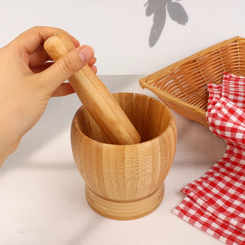 3Sizes Bamboo Mortar And Pestle Set Garlic Grinder Herb Spice Pepper Masher Seasoning Crusher Masher Kitchen Tool Grinding Bowl