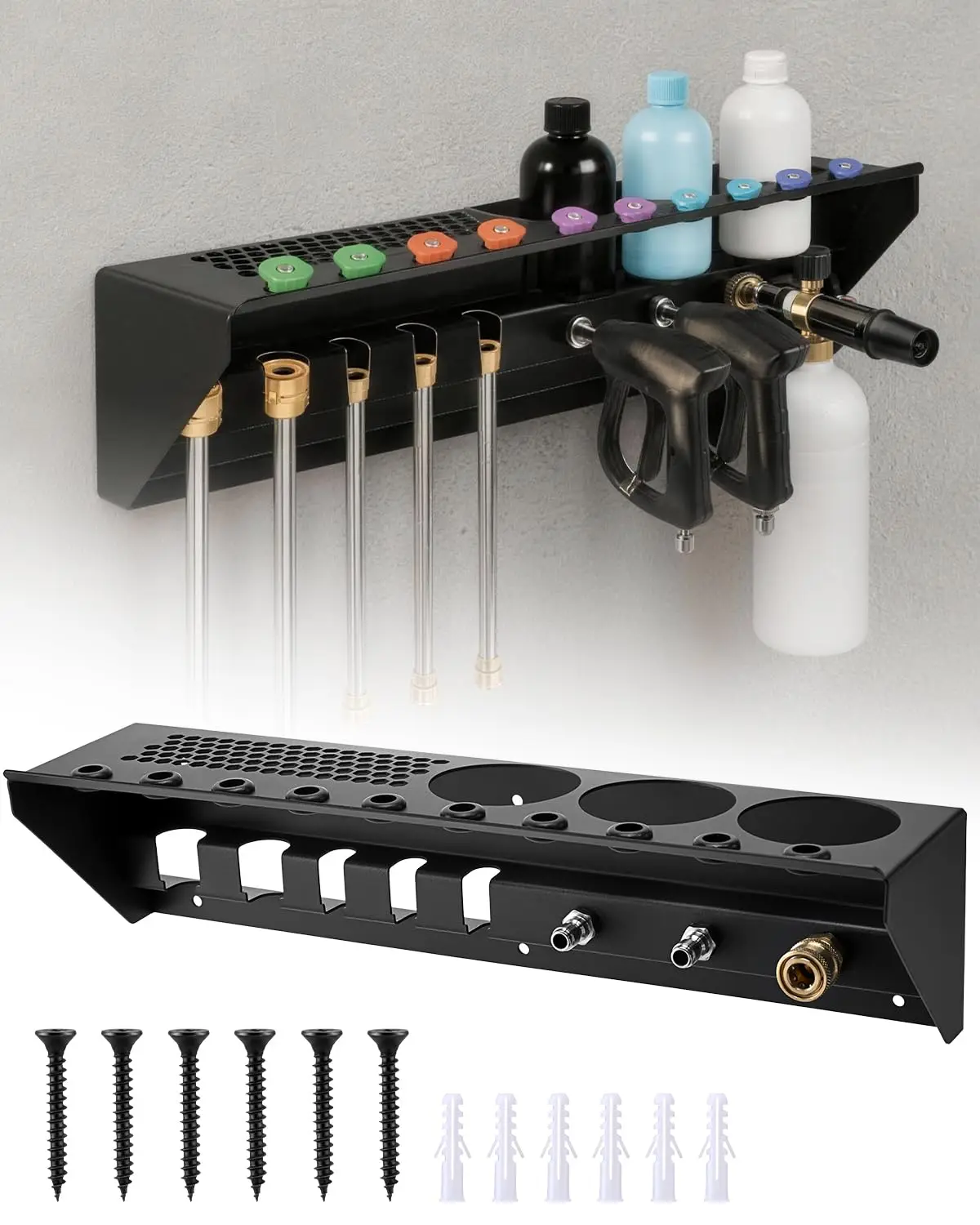 

Wall-Mounted Pressure Washer Organizer With Foam Cannon Holder, Gun Rack, Extension Wands, Nozzles, And 1/4 Inch Quick