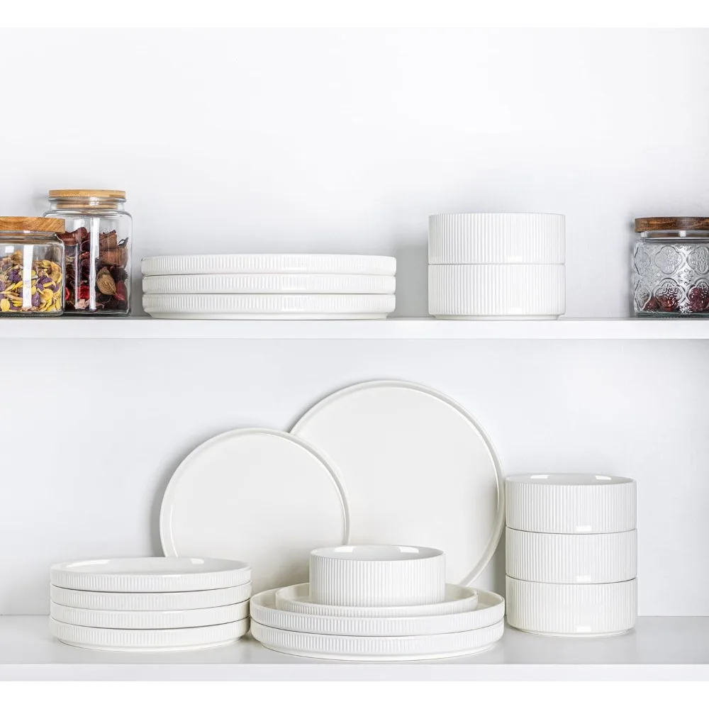 Conjunto de louça de cerâmica Terra para 8 pessoas, conjunto de prato e tigela de porcelana leve e durável de 24 peças, resistente a arranhões, forno