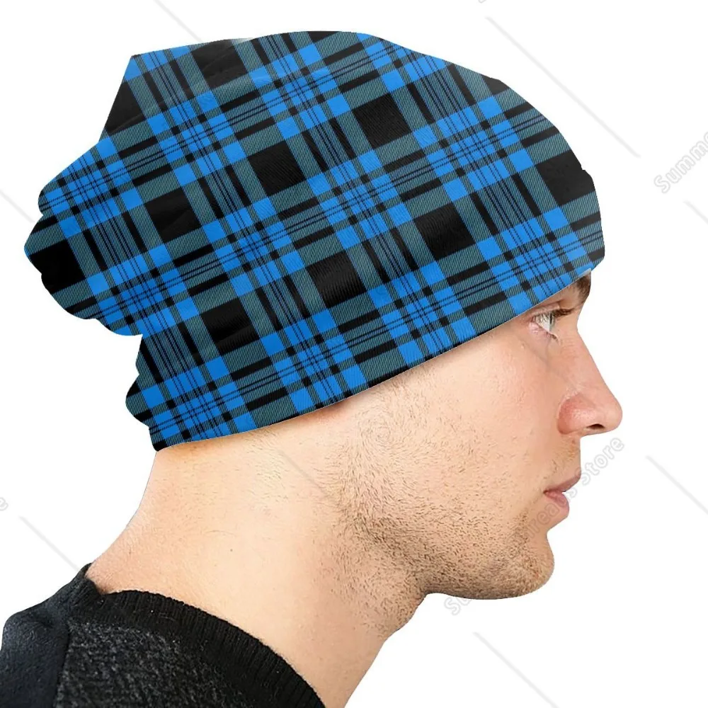 Skullies Beanies Outdoor Hats Blue Plaid Black Tartan Pattern Thin Bonnet Hipster Caps Men Women's Earmuffs