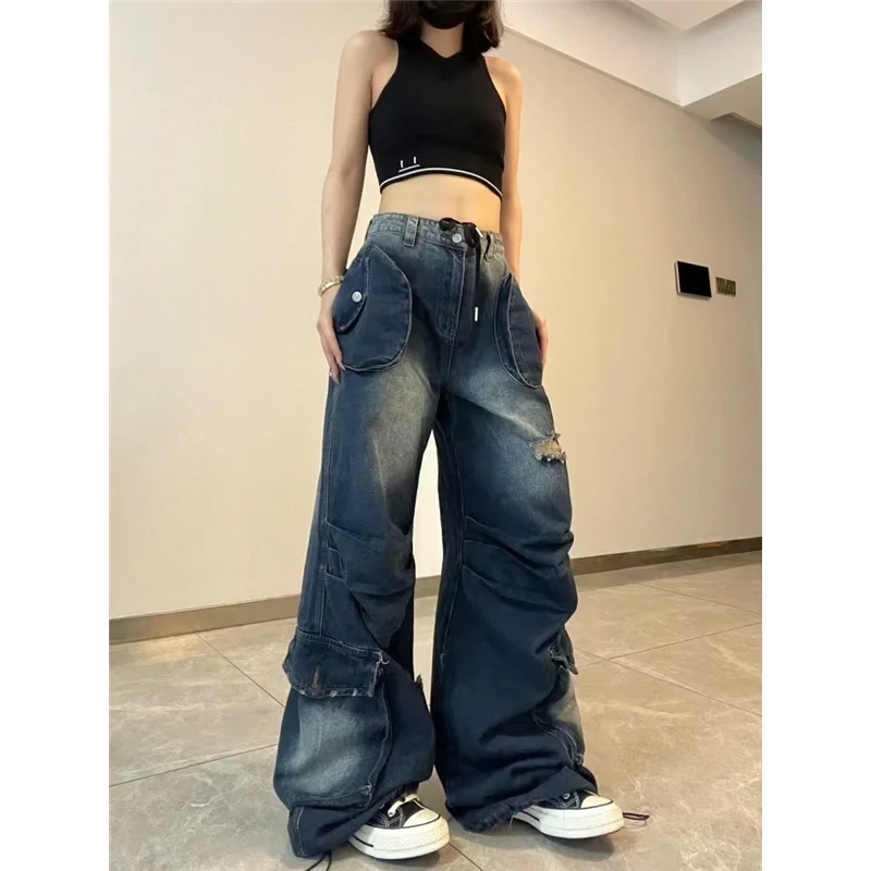 

Blue Womens Ripped Jeans High Waist Baggy Vintage Multiple Pockets Straight Y2K Pants Streetwear American Wide Leg Denim Trouser