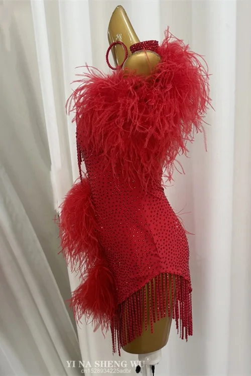Latin dansjurken op maat gemaakte luxe AB stenen veren franje jurk voor volwassenen en kinderen prestatiekostuums dans rode jurk