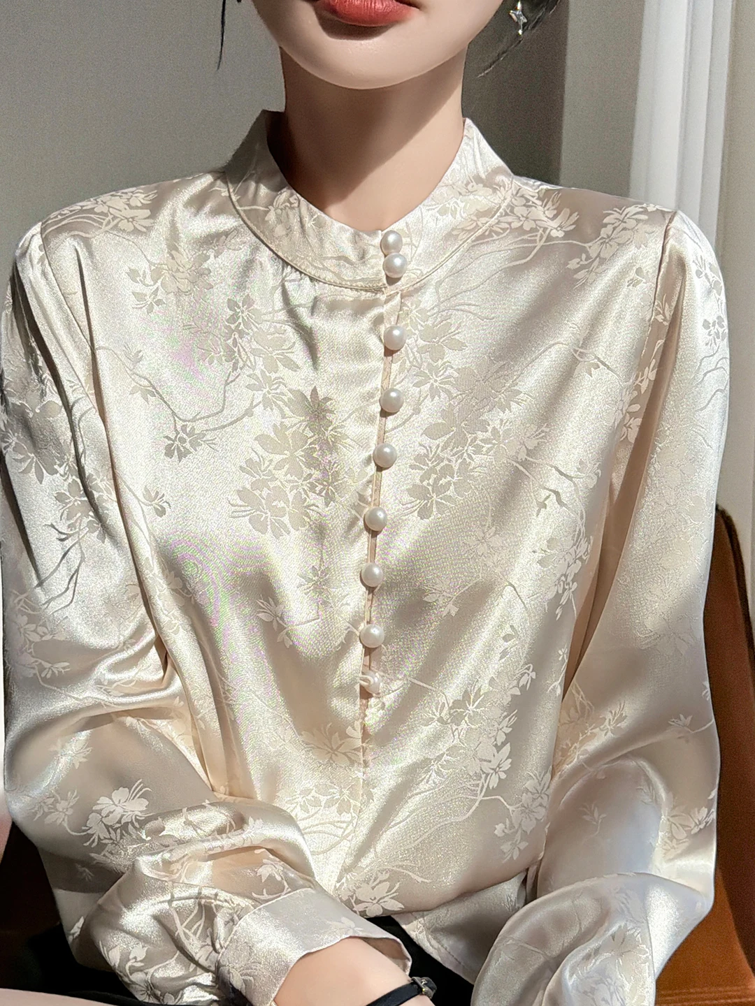 

Elegant Chinese Style Satin Shirt Women's Long Sleeve Print Button up High Collar Luxury White Top Commute Straight Cut Silk
