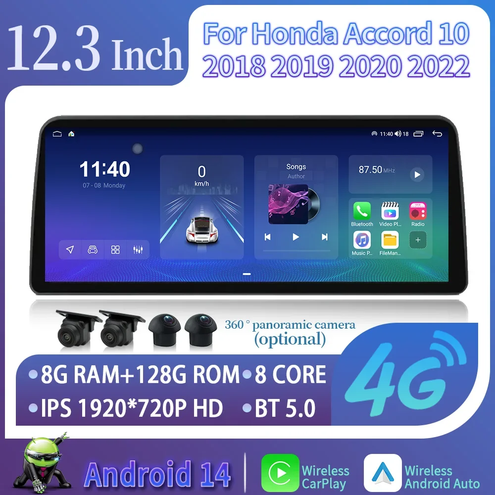 Android 14 For Honda Accord 10 2018 2019 2020 2022 Car Radio Multimedia 12.3inch Screen Navigation 4G Wireless BT CarPlay Stereo