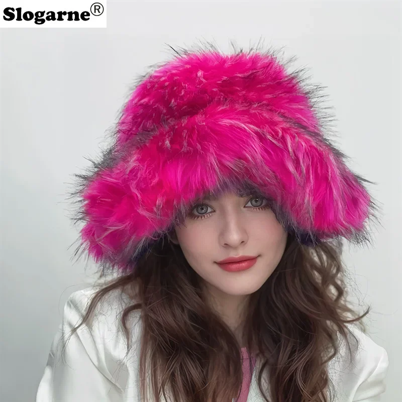 

Зимняя женская шляпа-ведро из искусственного меха, теплая шапка из меха енота, большая уличная шляпа в стиле панк, модные новые длинные меховые береты для девочек, пушистые милые шапки