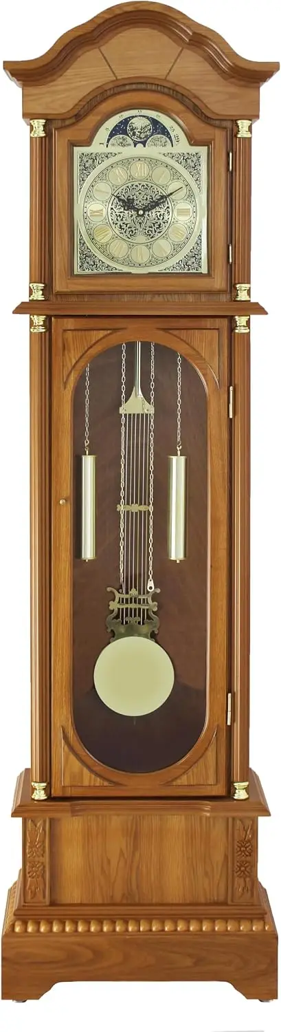 Traditional Floor Standing Grandfather Clock, 72-inch, Oak Finish, Metal Dial with Roman Numerals, Westminster Chime, 19.25W x 7