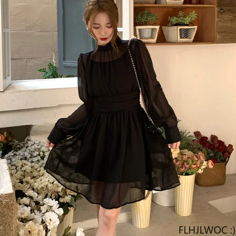 2023 New Chic Elegant Annual Meeting Black Mesh Sheer Dress Fashion Women Stand Collar French Design Long Dresses Vestidos