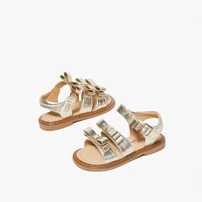 Toddler Girls Shool Summer Sandals Kids Rose Gold Birthday Shoes Bows Gladiator Sparkle Leather Sandals Girls 4 5 6 8 Years