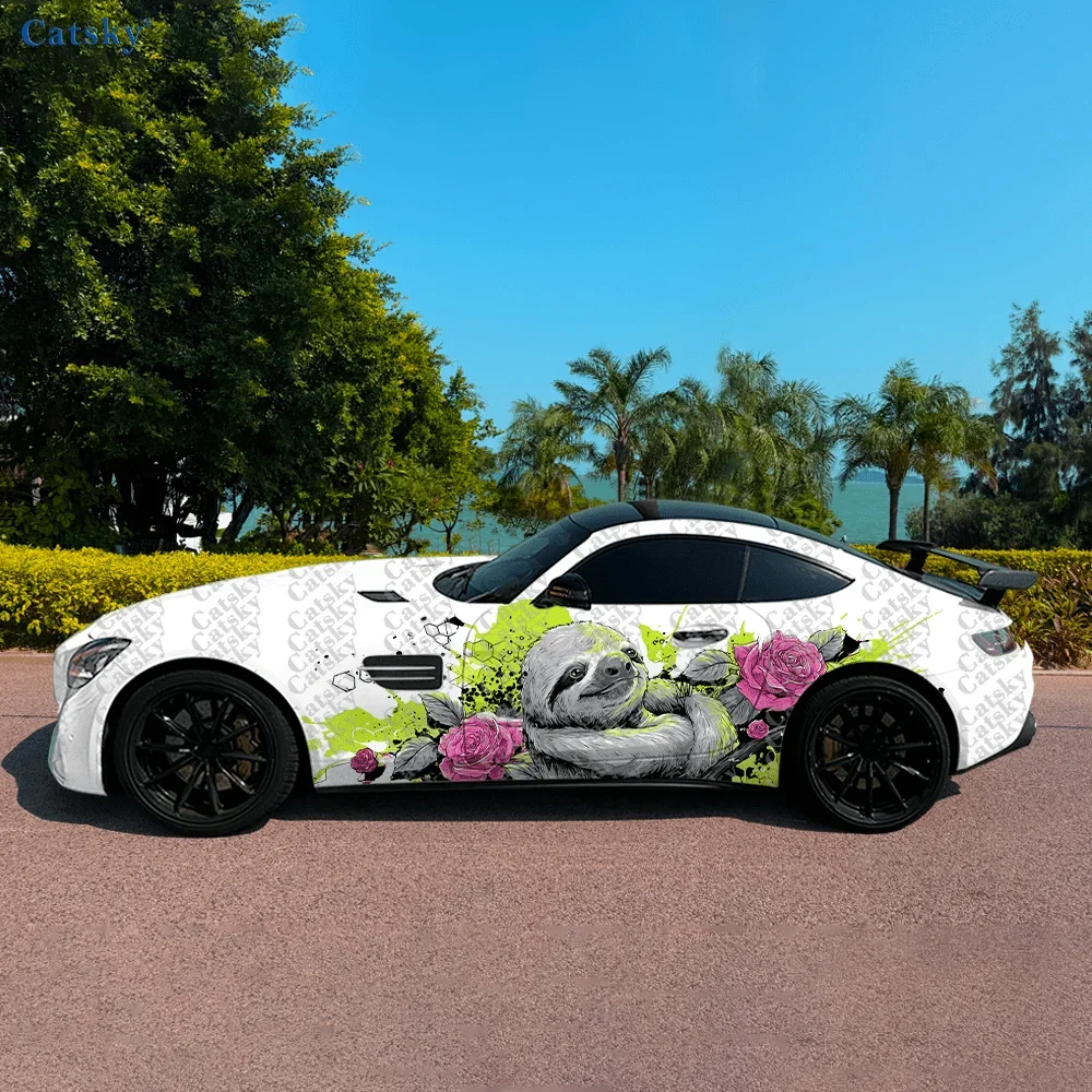 Sloths Rose Splatter Car Vinyl Wraps Decal Self-adhesive PVC Sticker Suitable for Trucks SUV Decoration Auto Accessories Gift