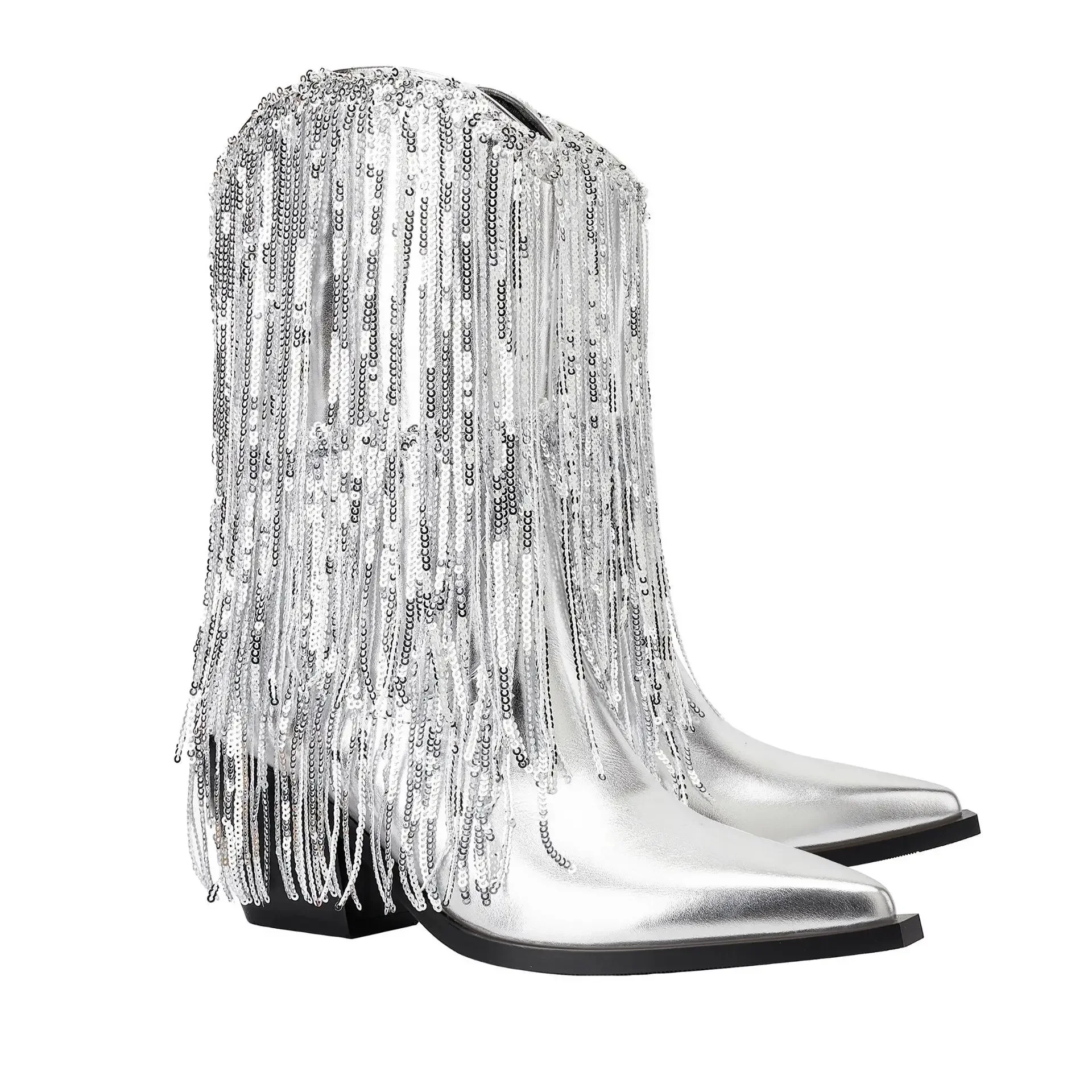 Spring Autumn Fashion Boots Silvery Fringe Women Shoes Bling Sequin Ankle Booties Lacquer Leather Botas Mujer Chunky High Heels