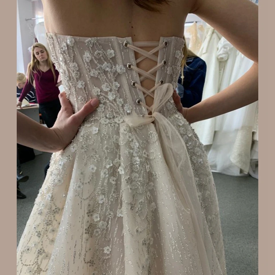 Charming Strapless Side Slit Open Back Wedding Dresses 2024 Flowers Floor Length Sweep Train Beaded Organza Lace Up Bridal Gown