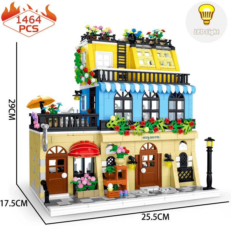 

Street View City The Garden Hotel Building Blocks Creative Expert Pub Bar With LED Model Bricks Toys For Kid Birthday Gift MOC