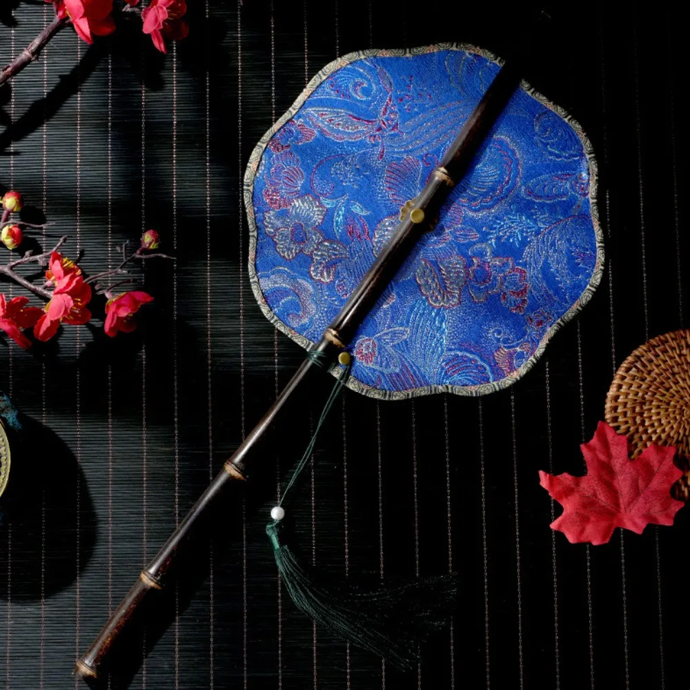 Classical Ancient Style Chinese Bamboo Waist Fan Rotatable Rollable Long Handle Fan with Tassel Cooling Group Fan Hanfu