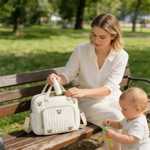 Large Capacity Diaper Tote Bag Cartoon Bear Portable Maternity Travel Bag for Hospital Delivery, Wet Wipes Clothes Storage