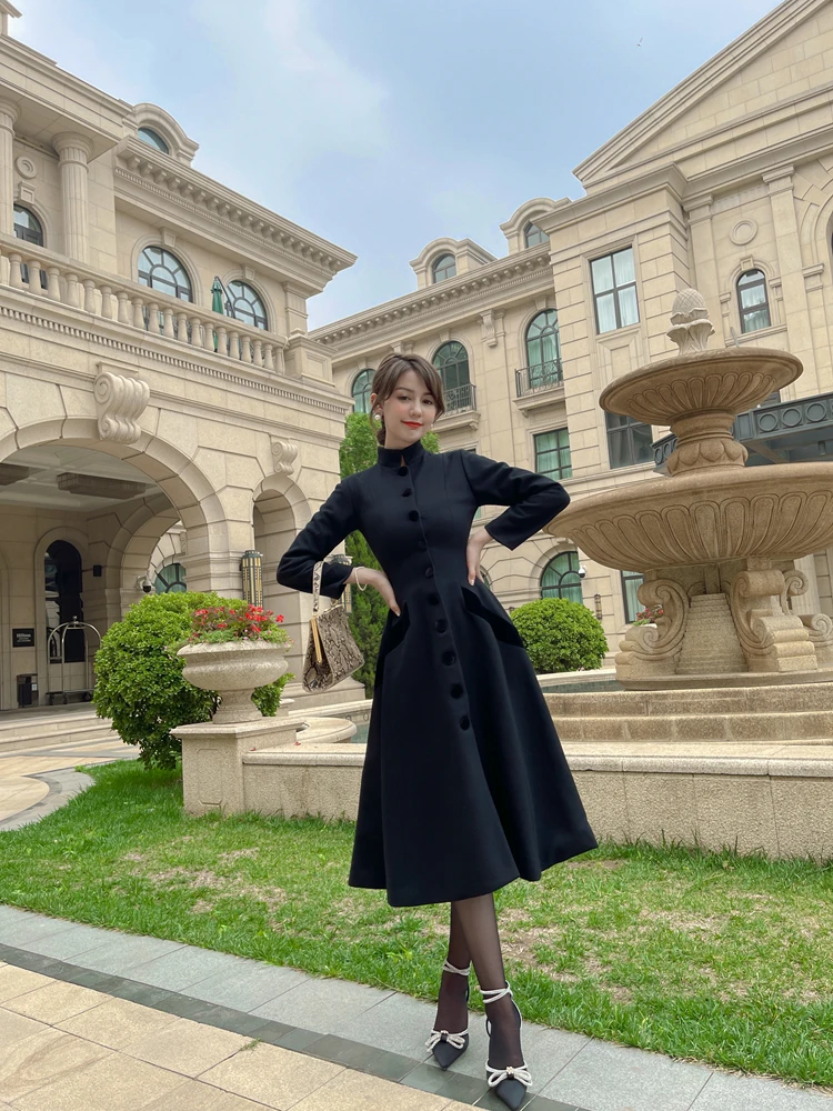 Black High Waist Medium Length Woolen Coat Vintage Long Sleeve Single Breasted Stand Up Collar Large Swing Woolen Coat