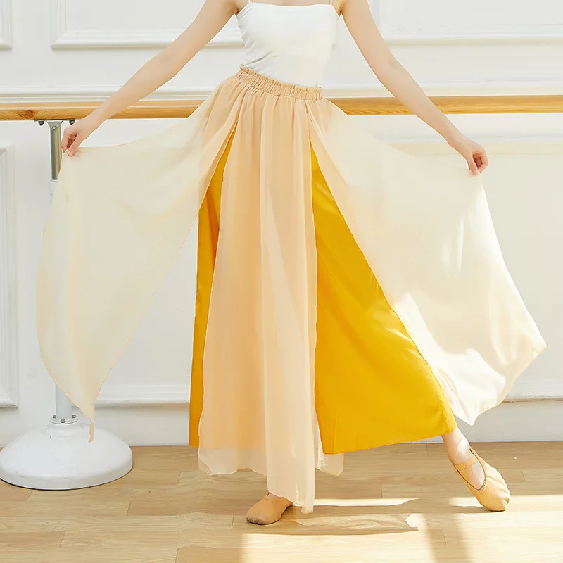 

Women Classic Dance Culottes Pant Chiffon Flowy Skirt Body Rhyme Trousers Elegant Wide-leg Splice Side Split Trousers Dancewear