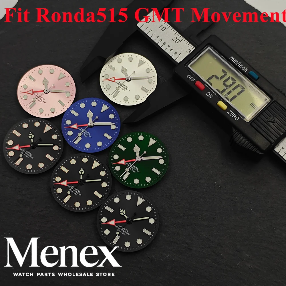 29mm Ronda 515 GMT Watch Dial with Luminous Hands Multi-Color Replacement Repair Parts Fit Pink White Blue Black Green