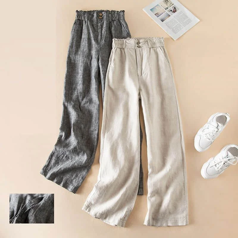 

Cotton Linen Pants Women Straight Pants Vintage Harajuku Korean Fashion Elastic Waist Trousers Women Loose Casual Solid Clothes