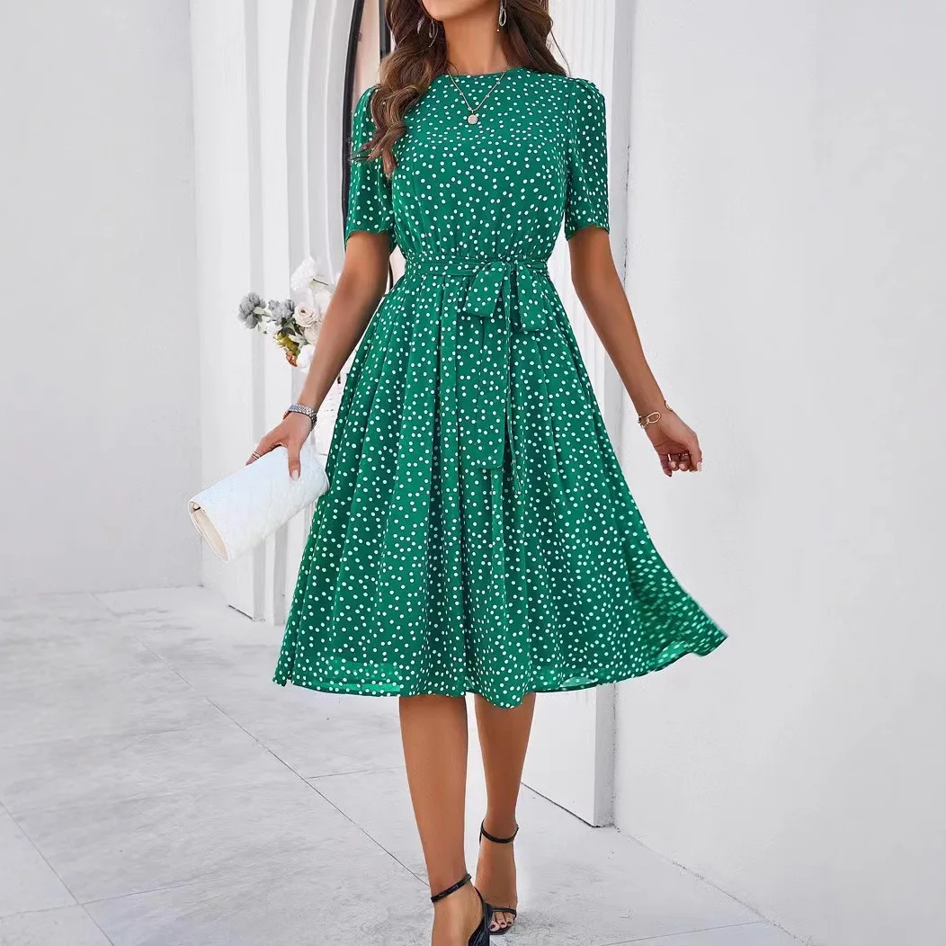 

2025 Spring and Summer Temperament Casual Polka Dot Lace-up Printed Dress