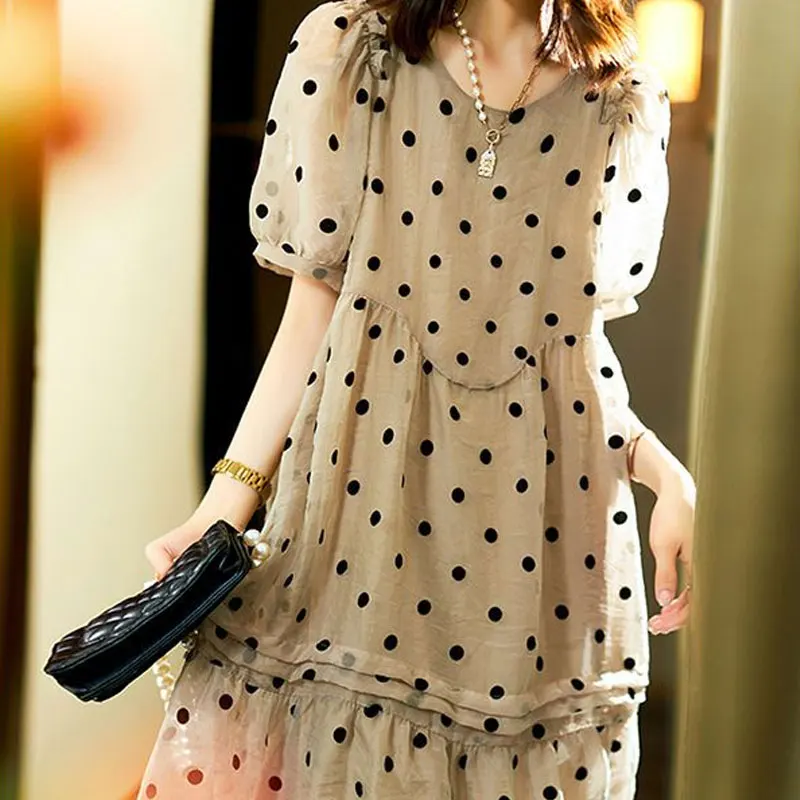 Sweet Stylish Polka Dot Printed Chiffon Midi Dress Summer Elegant Folds Patchwork Women\'s Clothing Loose A-Line O-Neck Dresses