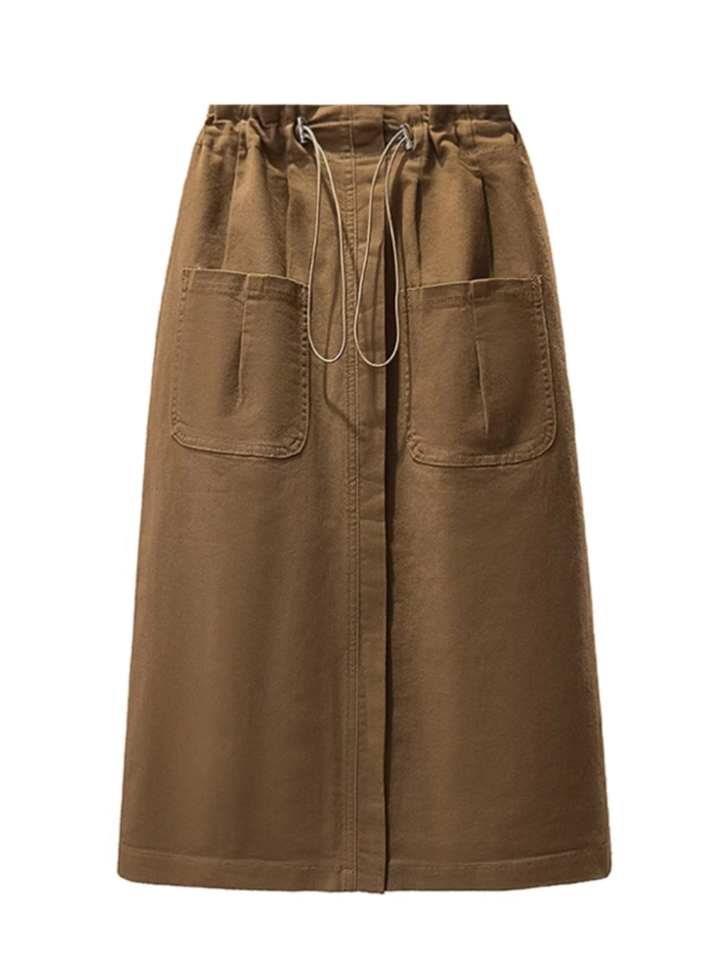 Women's Brown Denim Mid Long Skirt Vintage Aesthetic High Waist Oversize Jean Skirt Y2k A-line Skirts with Slit 2000s Clothes