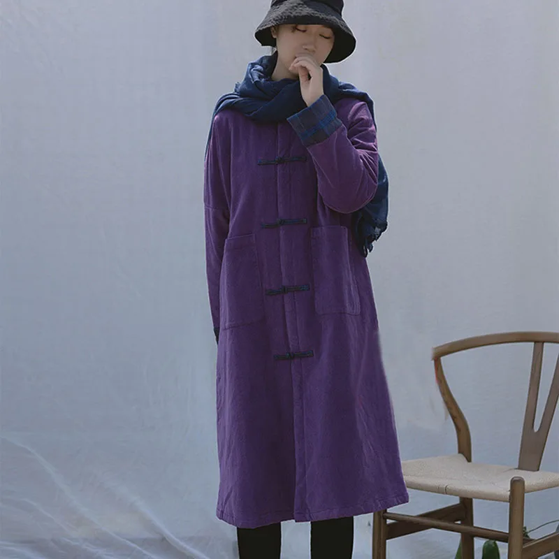 Китайская зимняя вельветовая удобная теплая куртка с хлопковой подкладкой, женское хлопковое пальто в стиле ретро с зажимом на пуговицах, свободная длинная верхняя одежда, пальто