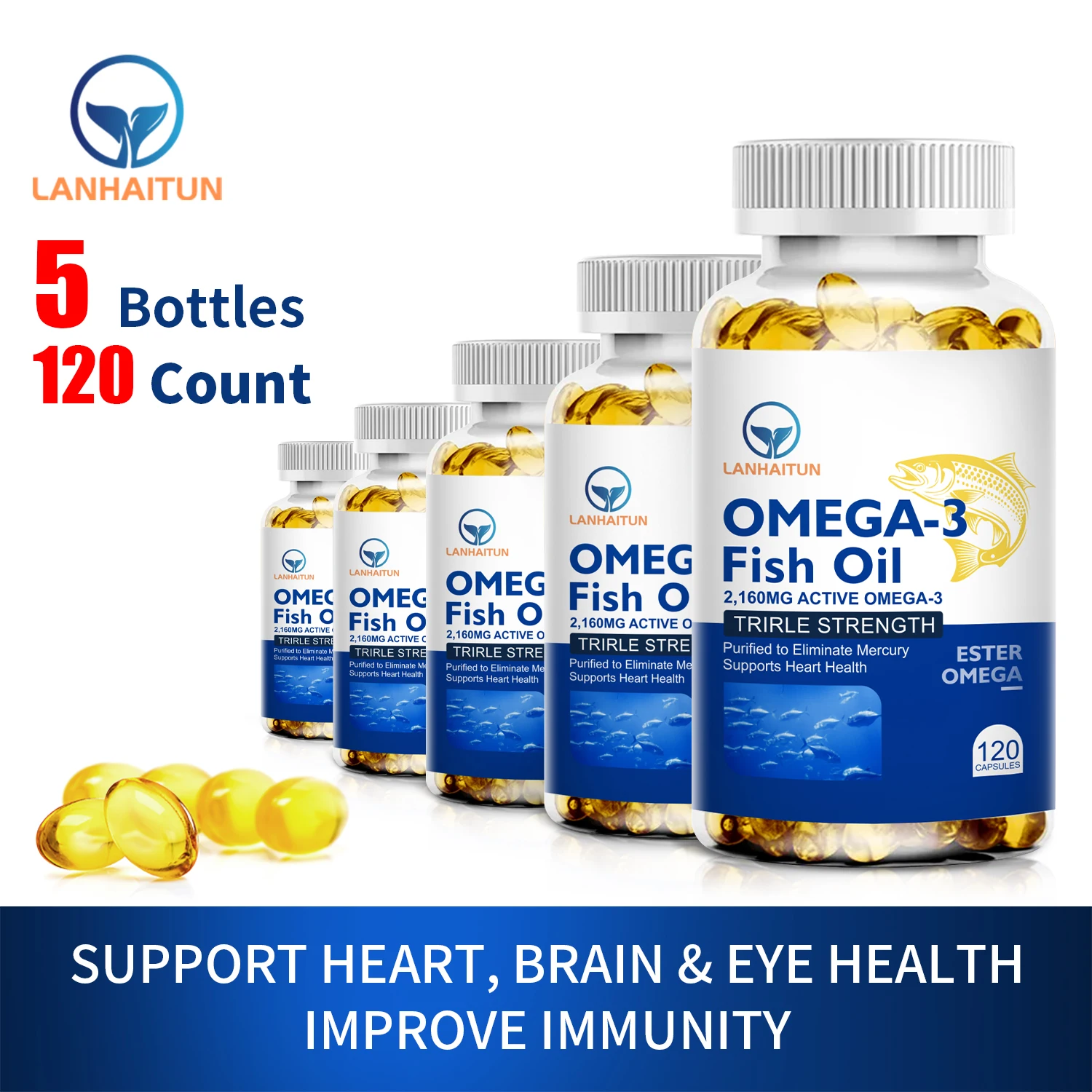 

LANHAITUN Omega-3 Fish Oil Rich ln DHA & EPA, Improve Bad Mood, Relieve Stress, Strengthen Brain, lmproved Memory & Intelligence