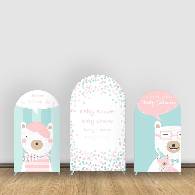 

Pink Bear Theme Baby Shower Arch Backdrop Cover Decoration for Welcoming Children Birth Party Print Elastic Fabric-Customizable