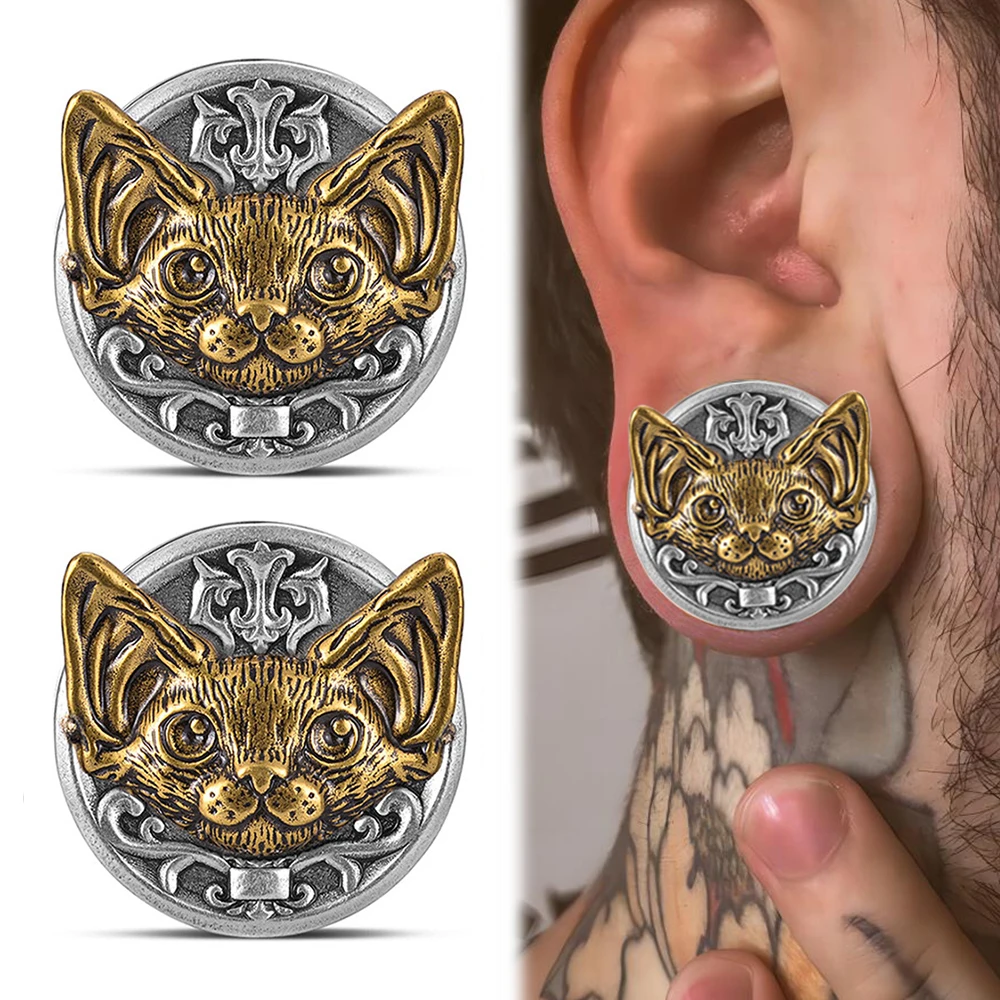 

TJP 2pcs Unique Stainless Steel Cat Ear Expanders Tunnels Plugs Body Piercing Jewelry Earring Gauges Stretchers