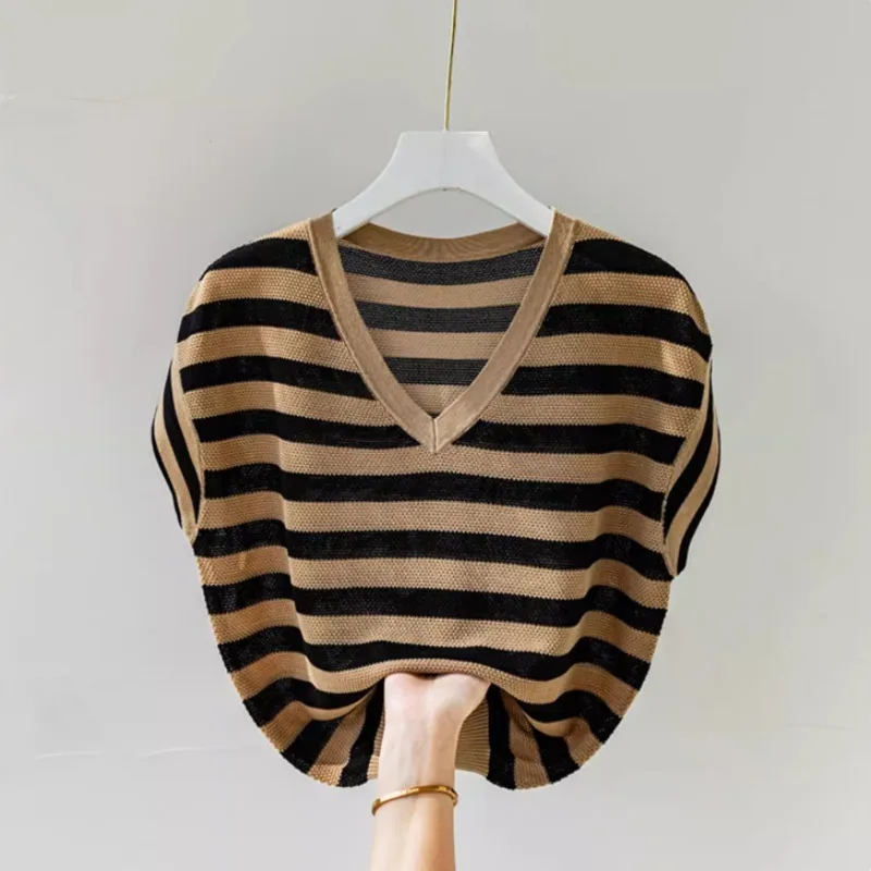 Fashionable Striped V-neck Sweaters 2024 Summer New Women\'s Loose Fitting Comfortable Short Sleeve Knitted Pullovers Vest Tops