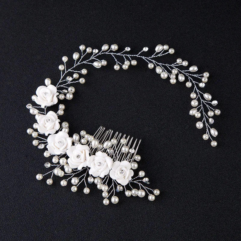 

Bridal Wedding Hair Accessories Crystal Bride Pearl Flower For Hair Headband Handmade Beads Decoration Hair Comb For Women