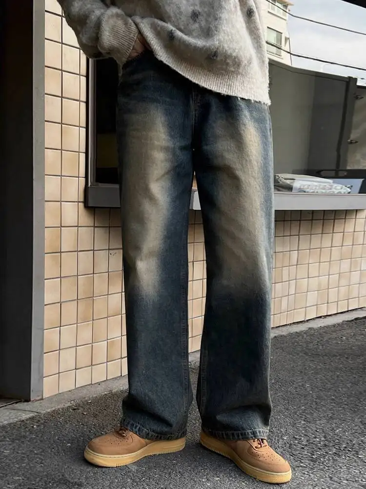 

SYUHGFA 2025 зимние нишевые дизайнерские мужские джинсовые брюки контрактного цвета, прямые универсальные мужские джинсы в корейском стиле