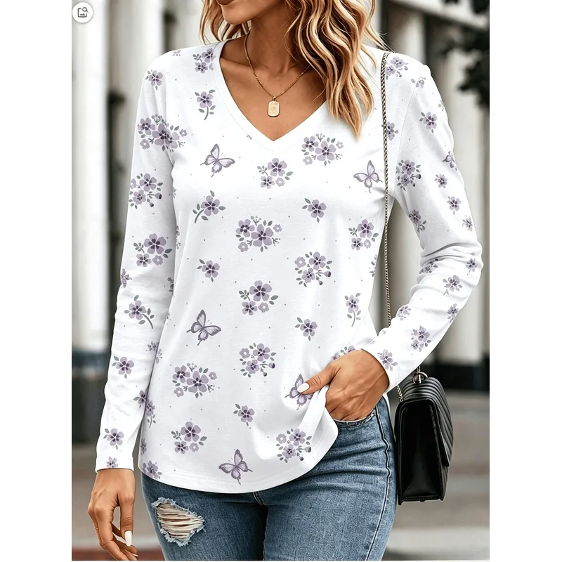 Fashionable Elegant Women's Long Sleeve T Shirt Abstract Painting Flower Plant Leaf Graphic All Over Print Breathable V Neck