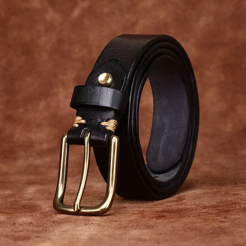 Washed retro distressed wrinkled top layer cowhide belt women's genuine leather copper buckle trendy casual jeans belt