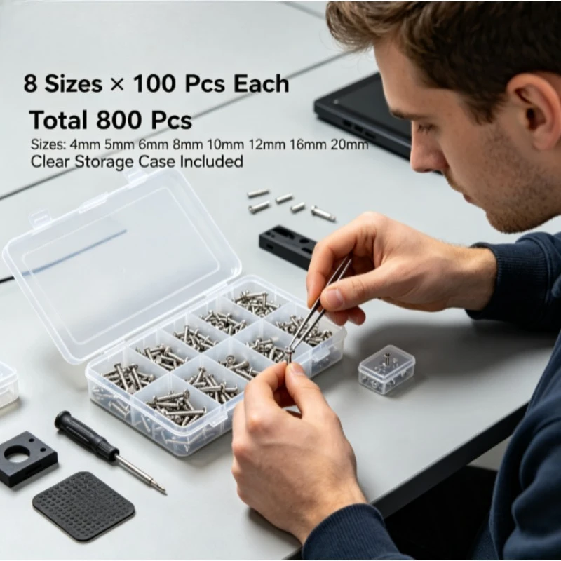 800Pcs 8‑Sizes M2 Nickel‑Plated Carbon Steel Flat Head Wood Screws, Phillips Countersunk Self‑Tapping Screws Assortment Kit