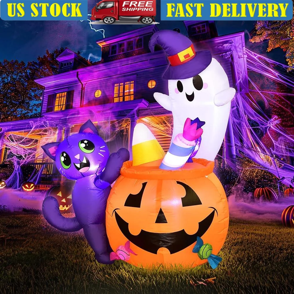 

5FT Halloween Inflatable Ghost Decoration with Black Cat Pumpkin LED Lights Outdoor Party Decor Easy Setup Stable Design