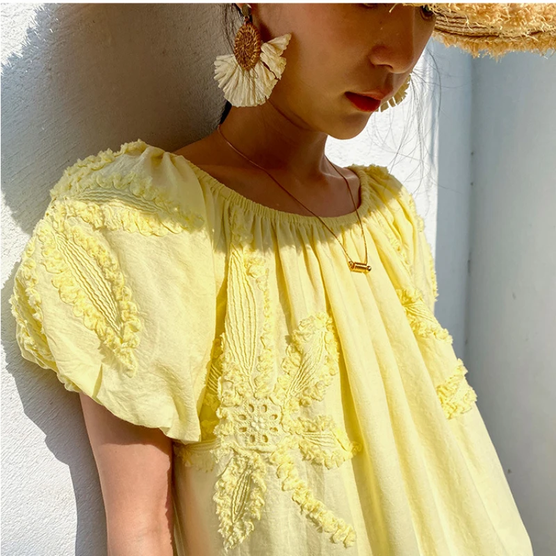 Embroidered Lemon Yellow Floral Off-shoulder Loose Fit Women\'s Midi Dress 2024 Spring/Summer Vacation Beach Dress