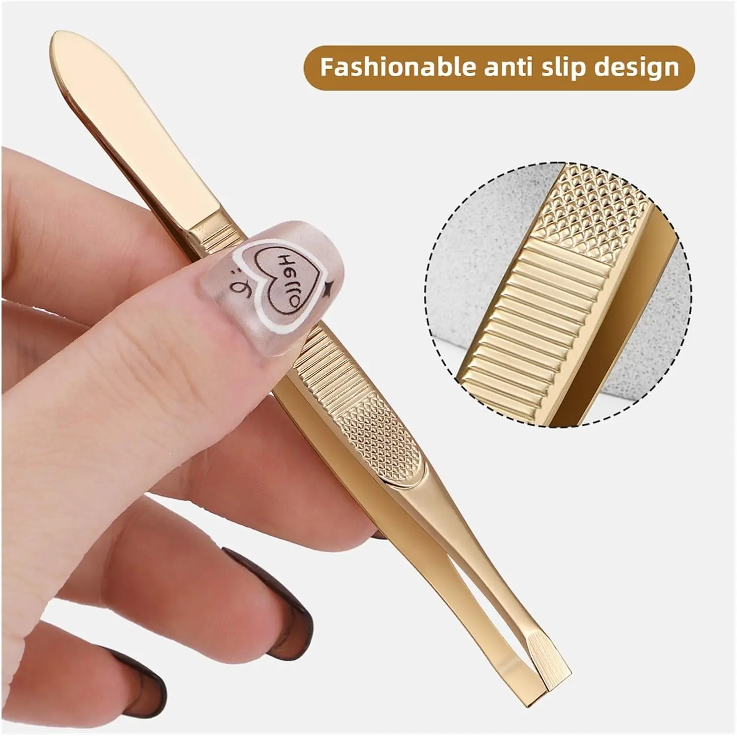 ゴールドステンレススチール製の眉毛ピンセット、フラットと斜めのスタイルがあり、眉毛やひげの抜き取りに使用するピンセットツールです。