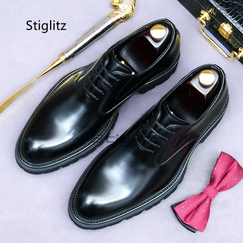 

British Style Mirror Leather Shoes Men's New Autumn Thick Sole Lace-Up Fashion Shoe Formal Business Genuine Leather Casual Shoes