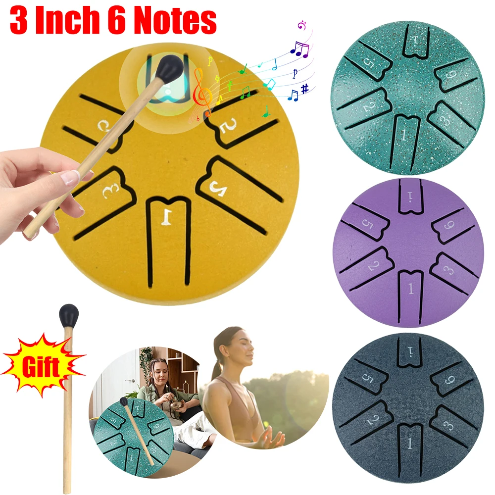 3 Inches 6 Tones Steel Tongue Drum Outdoors Rain Drum Instrument Mini Hand Drum Ethereal Drum Sticks Percussion Drum Accessories