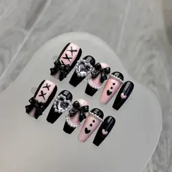 10 pezzi fatti a mano Y2k black Press On Nails Pink Heart Design unghie finte riutilizzabili Manicure artificiale unghie finte indossabili per ragazze