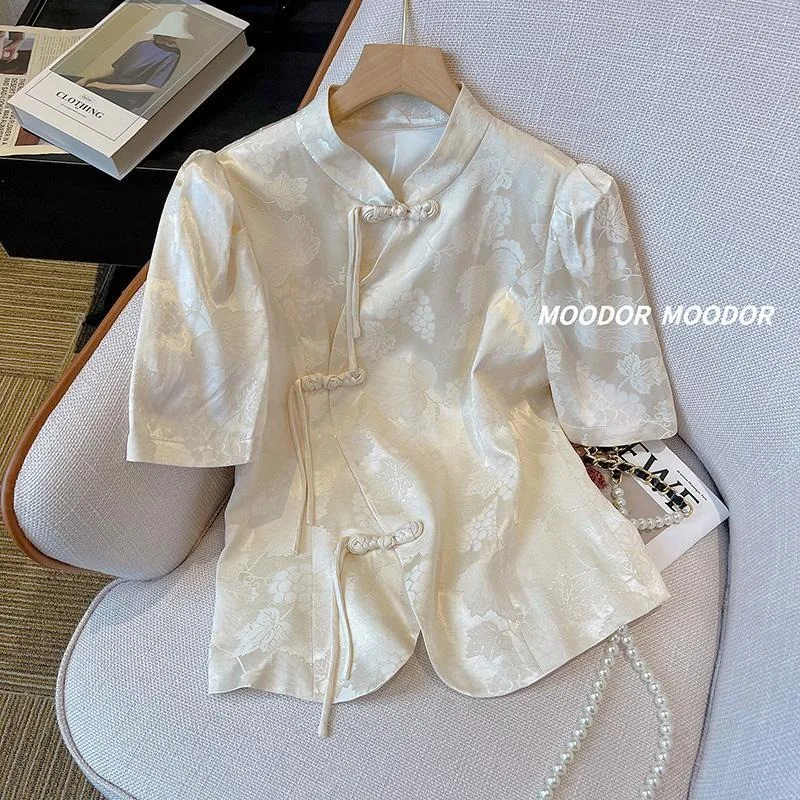 Chinese Style Short Sleeve Shirt Women's Summer Retro Elegant Cheongsam Blouse with Frog Buttons Breathable Casual Vintage Top