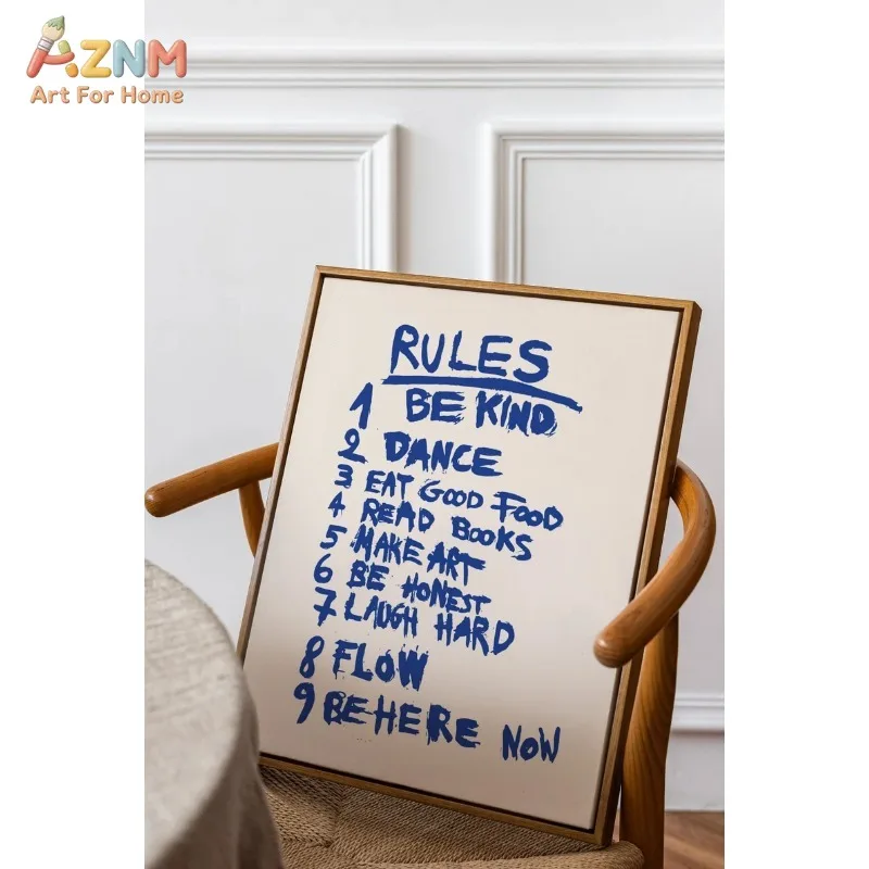 AZNM Life Rules Blue Handwriting Text Canvas Print Positive Lifestyle List Minimalist Cream Background Unframed Canvas Wall Art